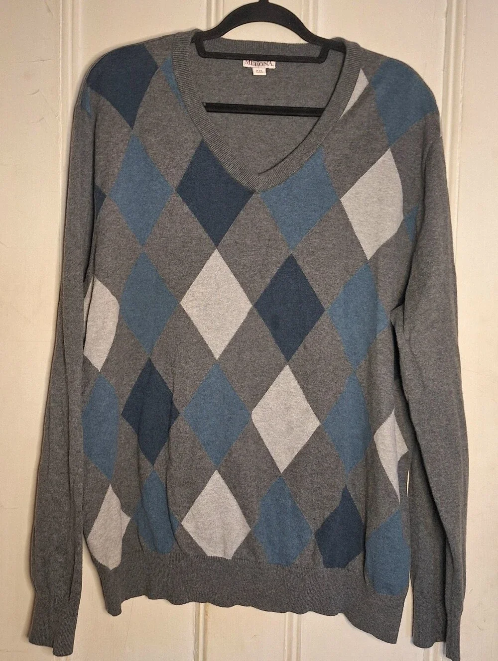 Merona Argyle Knit Pullover Sweater V-Neck Long Sleeve Gray Blue Mens Size 2X